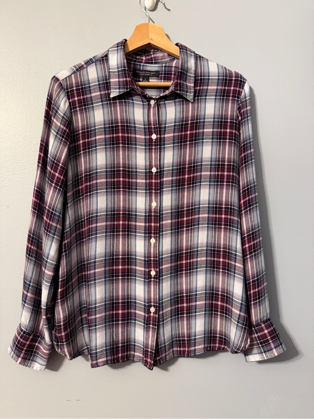 Banana Republic Plaid Button-Down Shirt in Burgundy, Navy and White